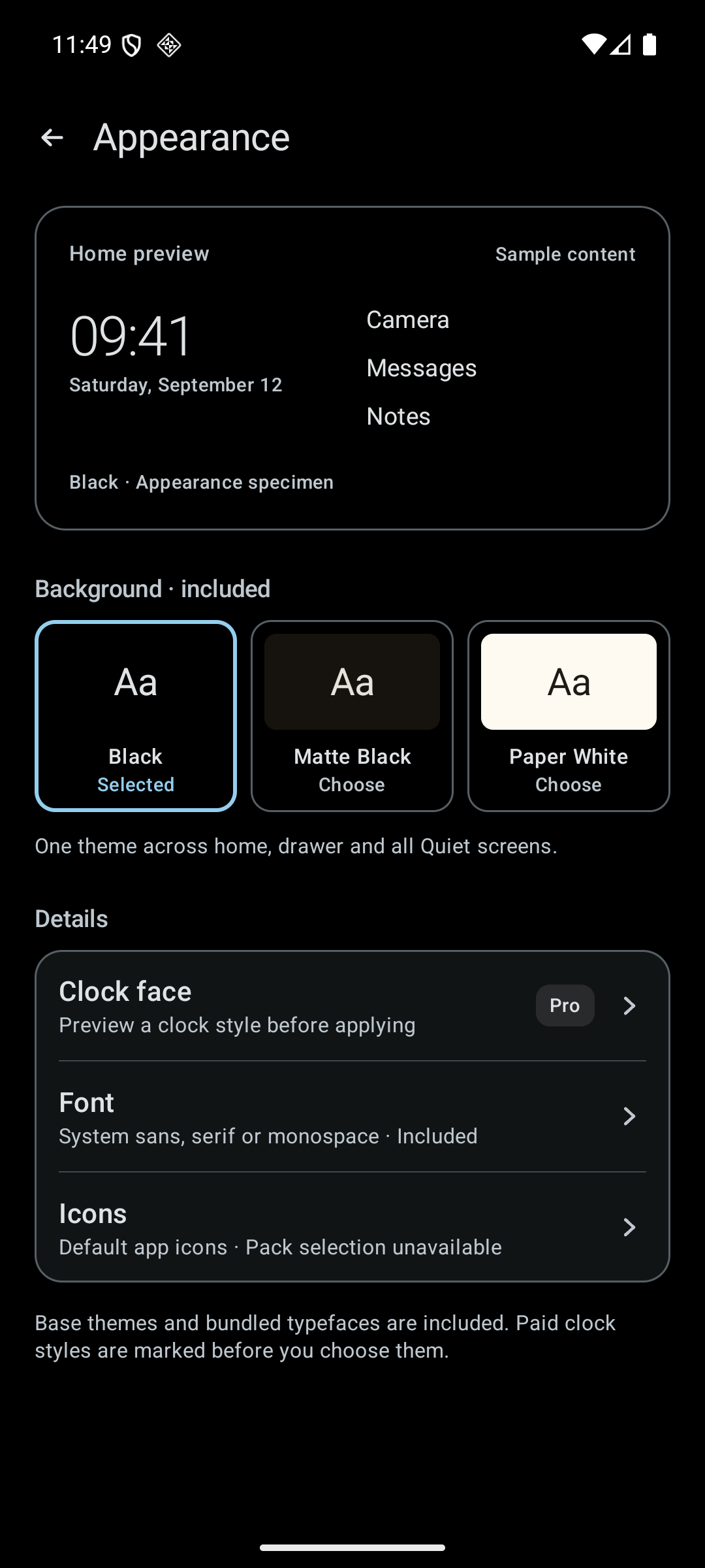 Quiet Appearance screen showing Black, Matte Black and Paper White themes