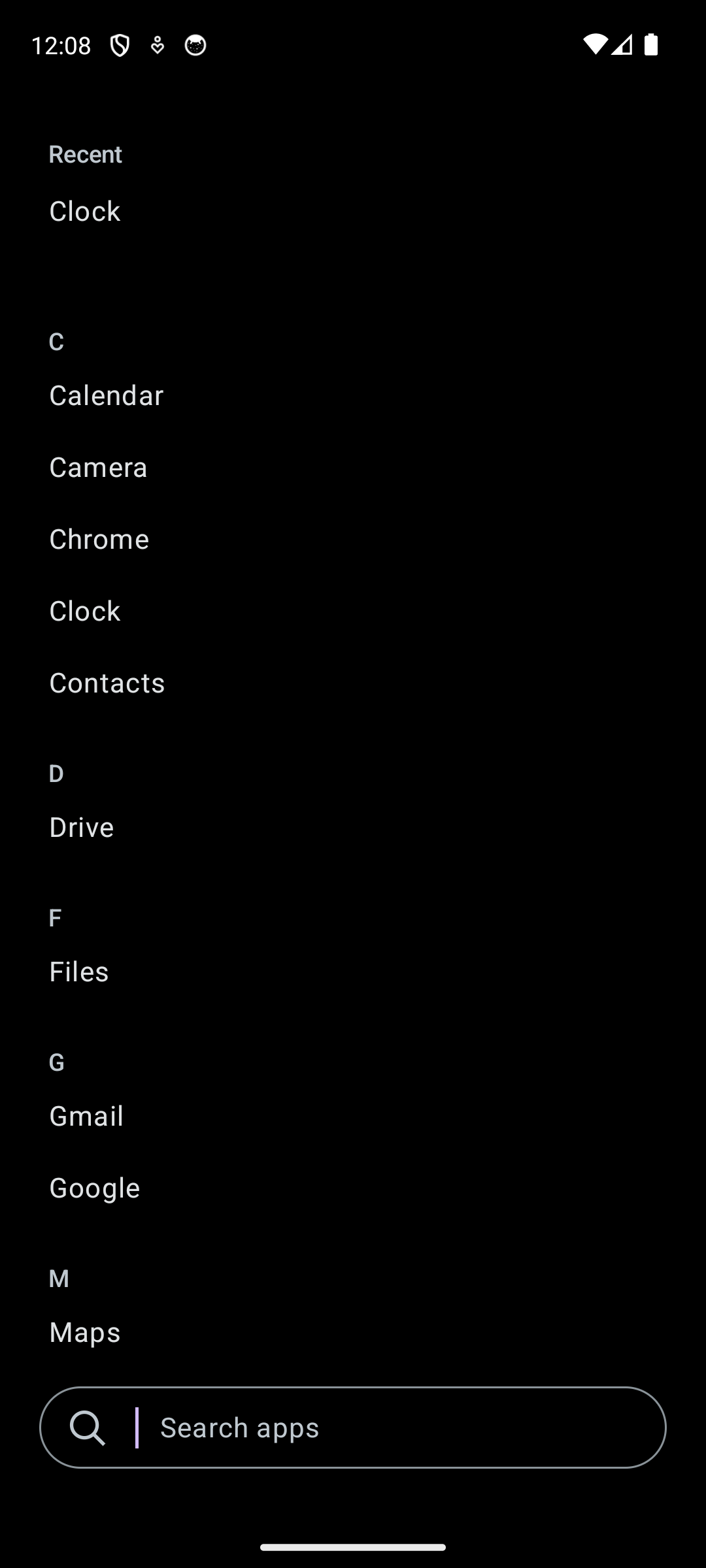 Quiet app drawer with a simple alphabetical list and search