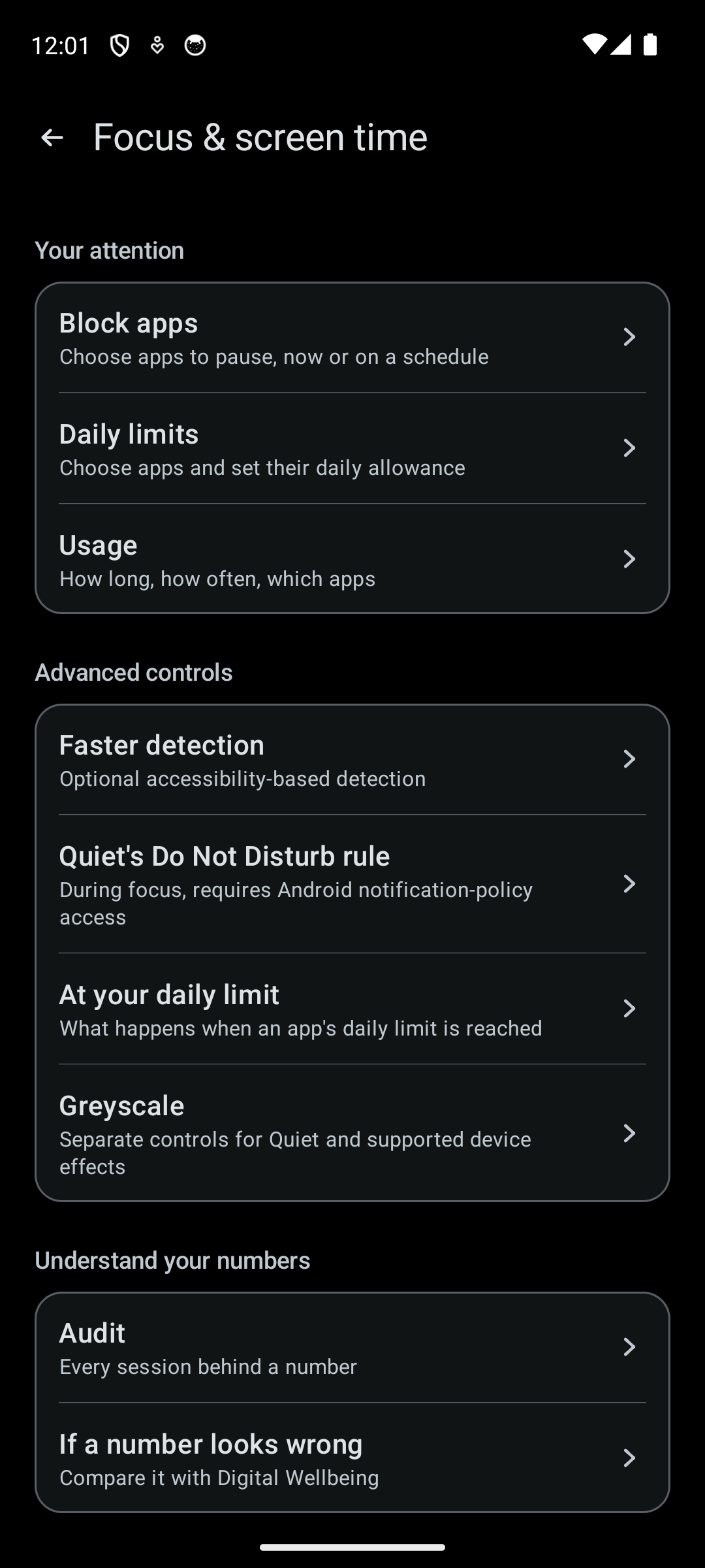 Quiet Focus screen with Block apps, Daily limits and Usage